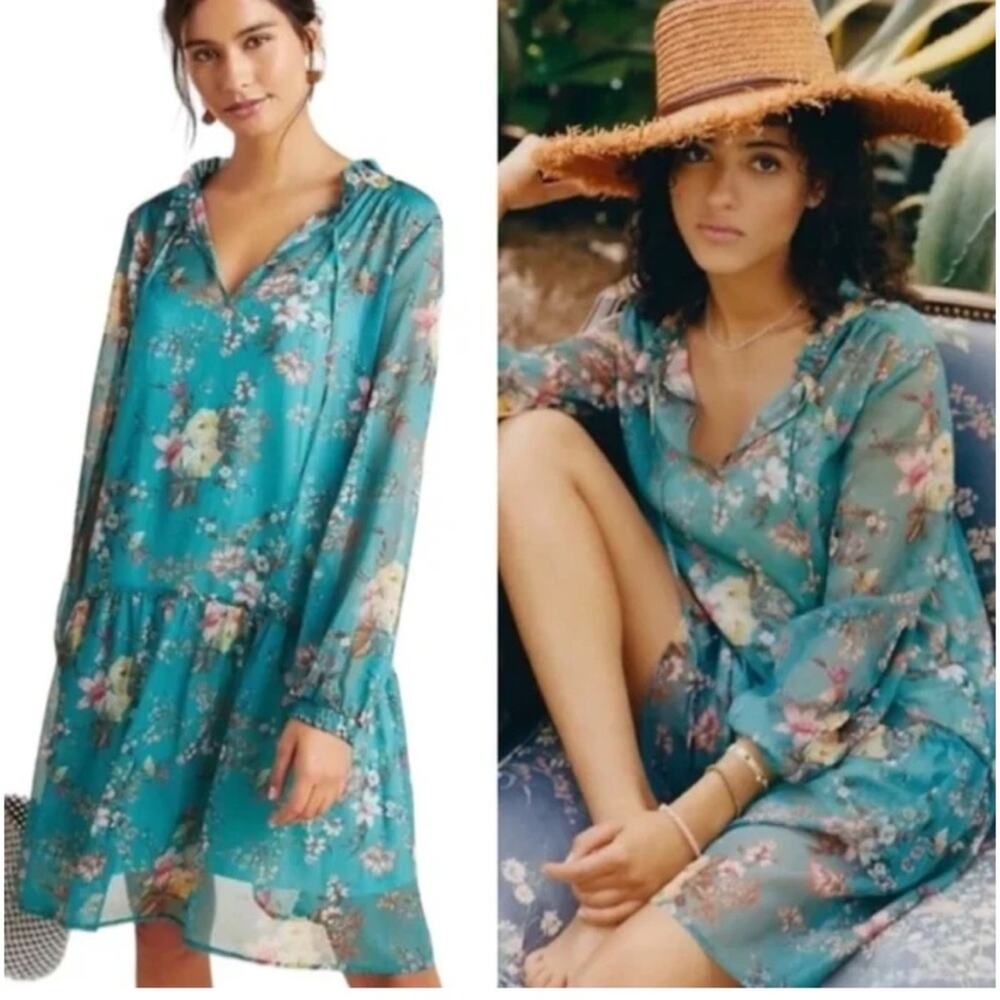 Maeve Women Teal Emmy Floral Tunic Party/Cocktail Dress Size XS